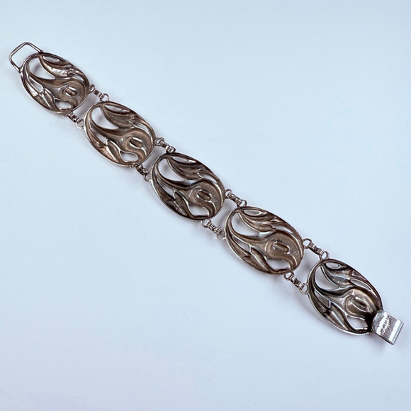 Vintage Large Art Nouveau Flower Danecraft Panel Sterling Silver 925 Bracelet - Picture 4 of 7